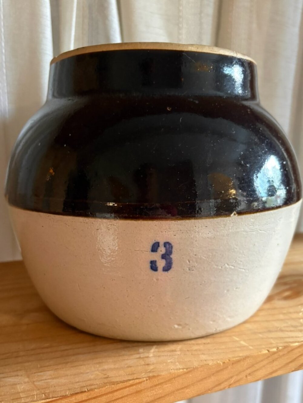 Antique 2-Tone Stoneware 3-Quart Bean Pot Crock with Original Lid